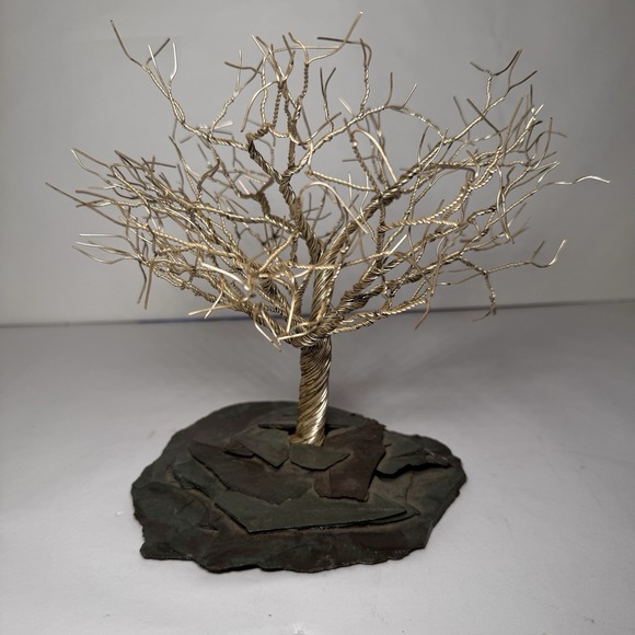 Medium Mid Century Modern Twisted Wire Metal Stone Tree Sculpture Artist